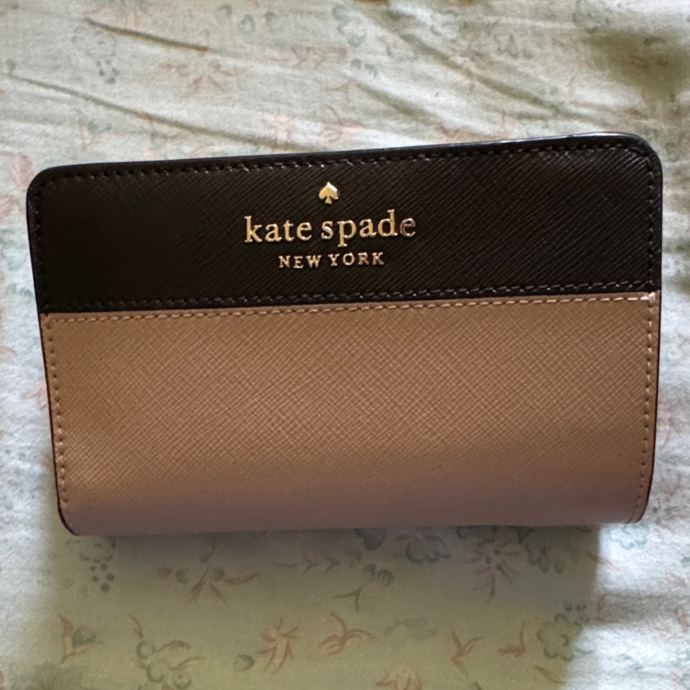 kate spade Two-Tone Black and Taupe Wallet with Gold Logo